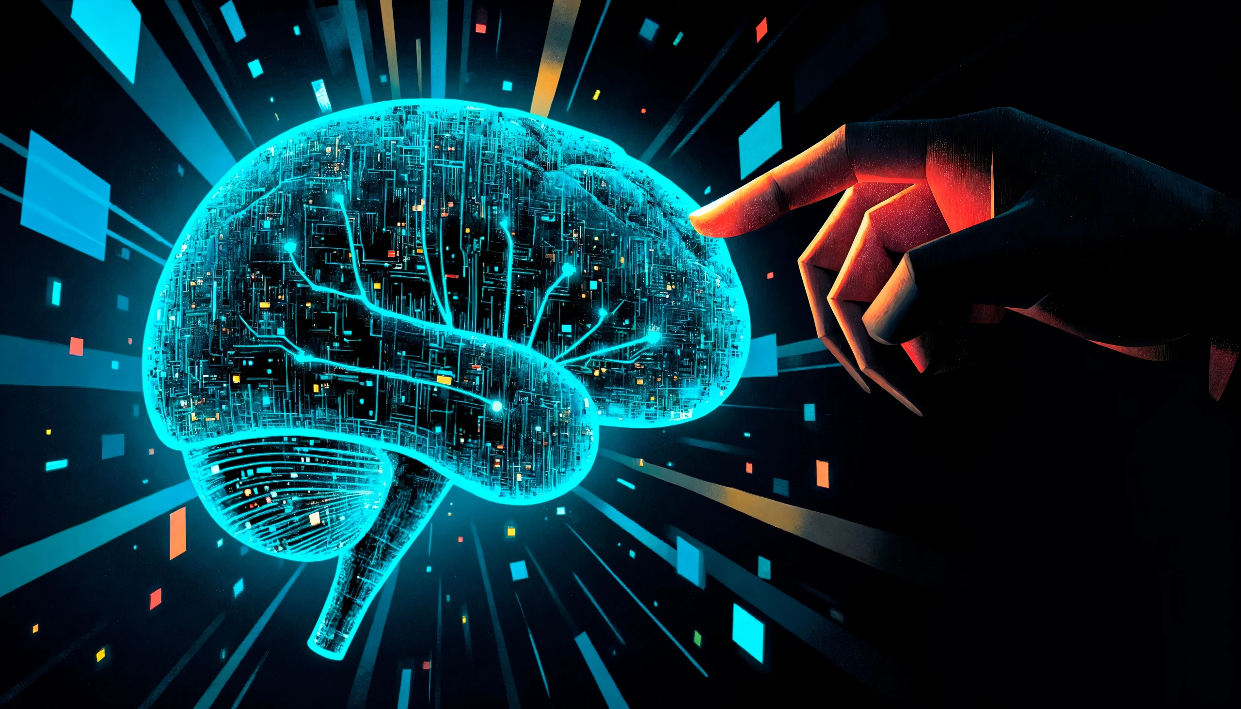 a floating brain and technology is connected to it with the hand pointing on it/Affordable Website Design
