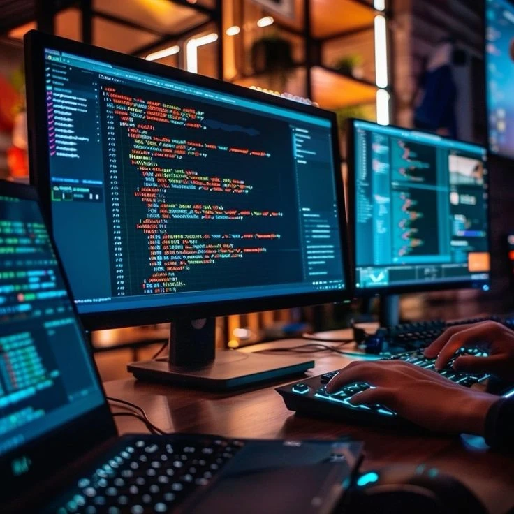 there is two monitor with a hand of person doing programming