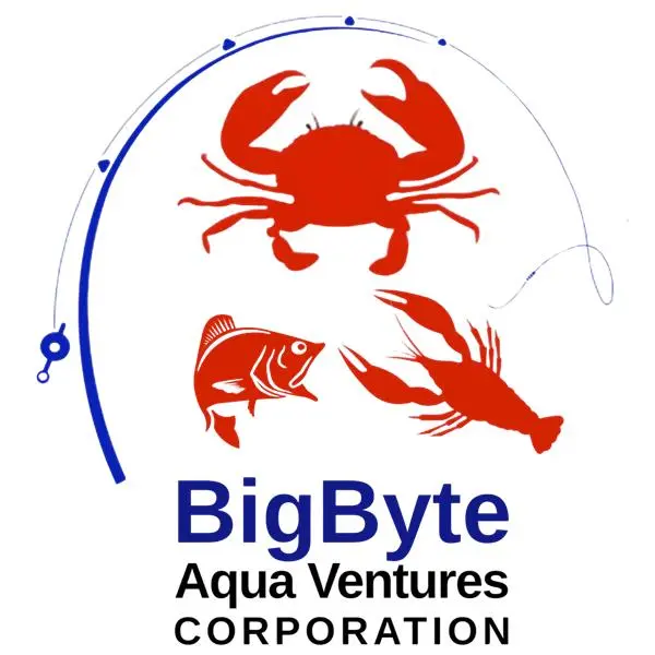 rypaci bigbyte logo it has a crab,fish and lobster in the logo and the color is red also the rod is encicled to the three creatures