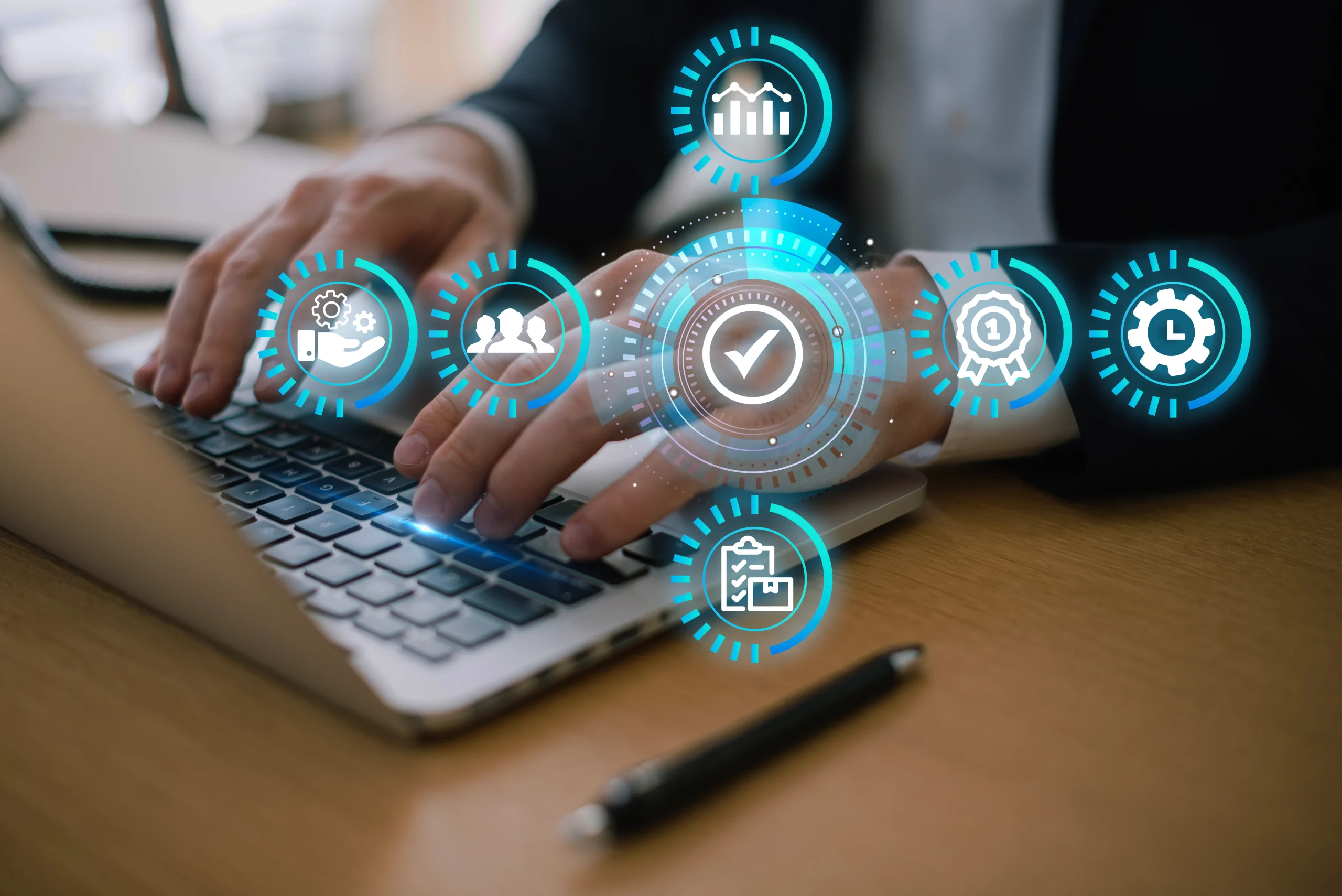 typing in the computer with a picture float which is stocks,customer and time management